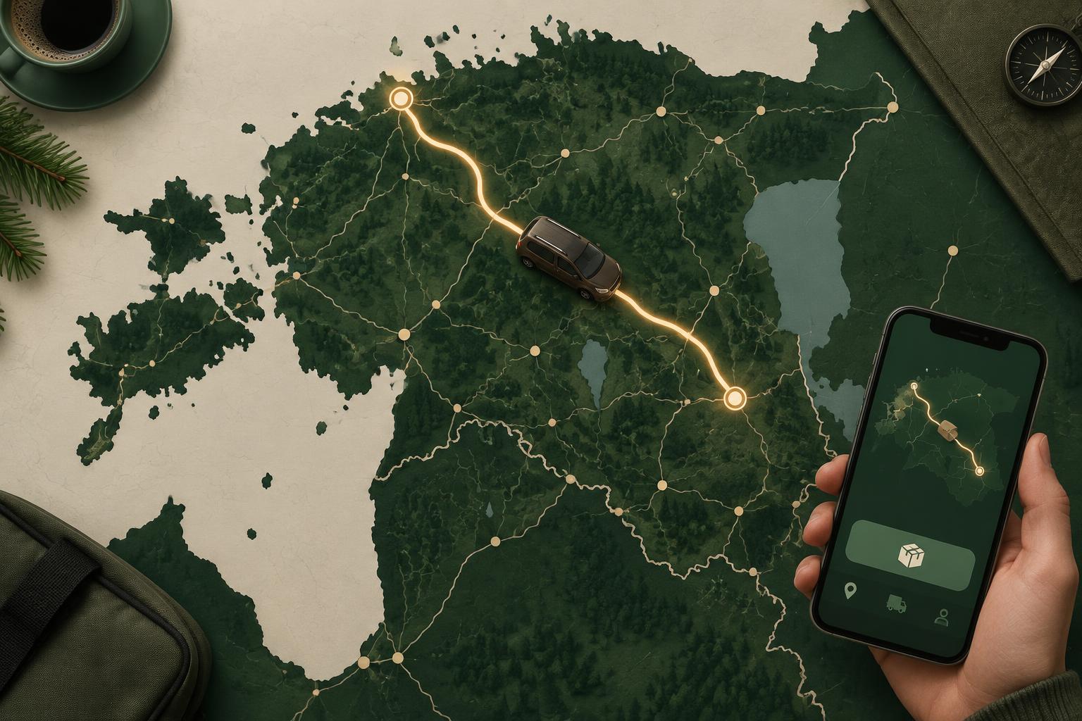 Pruun Berlingo sõidab GPS-marsruudil üle Eesti kaardi, nurgas kliendi käes telefon BestInEsti äpiga